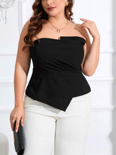 SHEIN Privé 女性大碼優雅荷葉邊無肩帶上衣