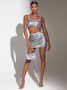 SHEIN BAE Top Corto Sin Mangas Con Tirantes Finos Y Purpurina - Plateado - Ver 4