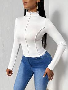 SHEIN Essnce Long Sleeve Stand Collar T-shirt - White - View 6