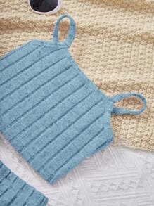 SHEIN Leap Crew Young Girl Casual 3pcs/Set Spaghetti Strap Vest, Knit Cardigan & Flare Pants Outfits - Blue - View 3