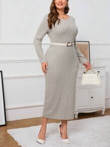 SHEIN Essnce Kích thước lớn Dài Váy bodycon Với Bên Khe - Màu be - Xem 1