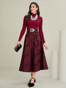 Modelyn 勃艮第红女式纯色上衣搭配花卉印花裙套装 - 酒紅色 - 查看 3