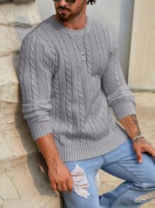 GENTILAND Men's Long Sleeve Cable Knitted Sweater With Round Neckline - Grey - View 5