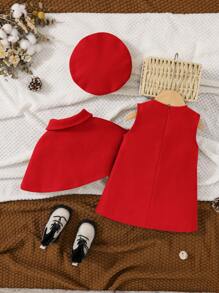 SHEIN 女婴无袖连衣裙，带蝴蝶结装饰和披肩外套，含帽子套装 - 紅色 - 查看 2