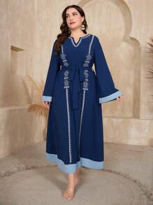 Al Najma Plus Size Notched Collar Flouncing Edge Joint Long Sleeve Dress Kaftan Jalabiya Dress - Dusty Blue - View 1