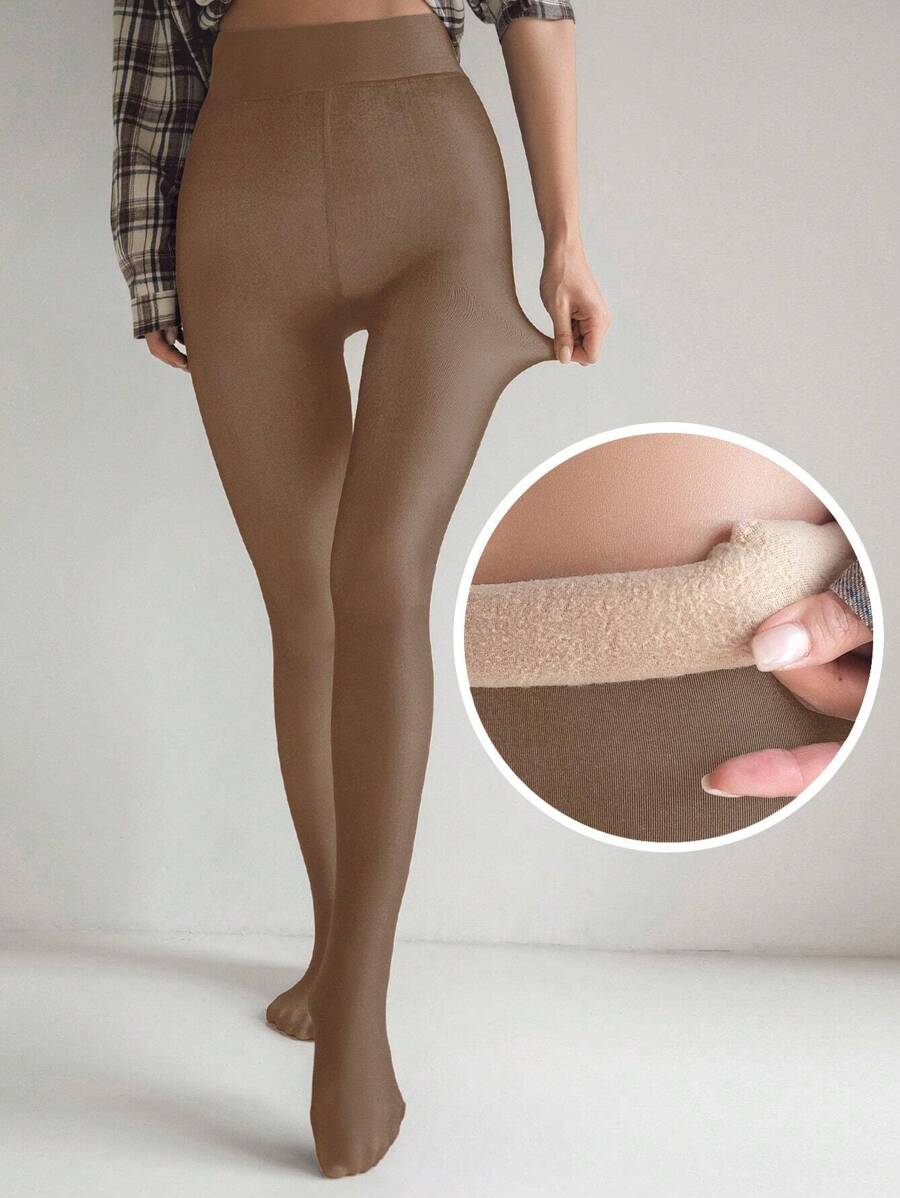 DAZY 女士纯色保暖连裤袜/紧身裤，秋冬季保暖款 - 棕色 - 查看 1