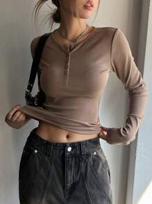 DAZY Button Front Ribbed Knit Tee,Fall Clothes Long Sleeve Women Tops - Coffee Brown - View 2