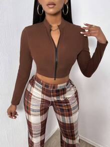 VaVaBold Zippered Short Cropped T-shirt - Brown - View 1