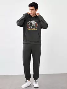Manfinity VCAY Conjunto De Sudadera Con Capucha Con Cordón Y Pantalones Deportivos Para Hombres, Sueltos Y Con Impresión De Letras - Gris - Ver 5