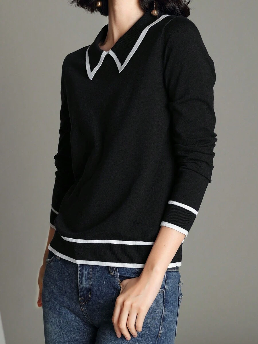 女士休闲长袖撞色滚边高领毛衣（黑色） - 黑色 - 查看 1