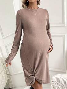 SHEIN 孕婦純色扭褶下擺連身裙 - 紅木色 - 查看 5