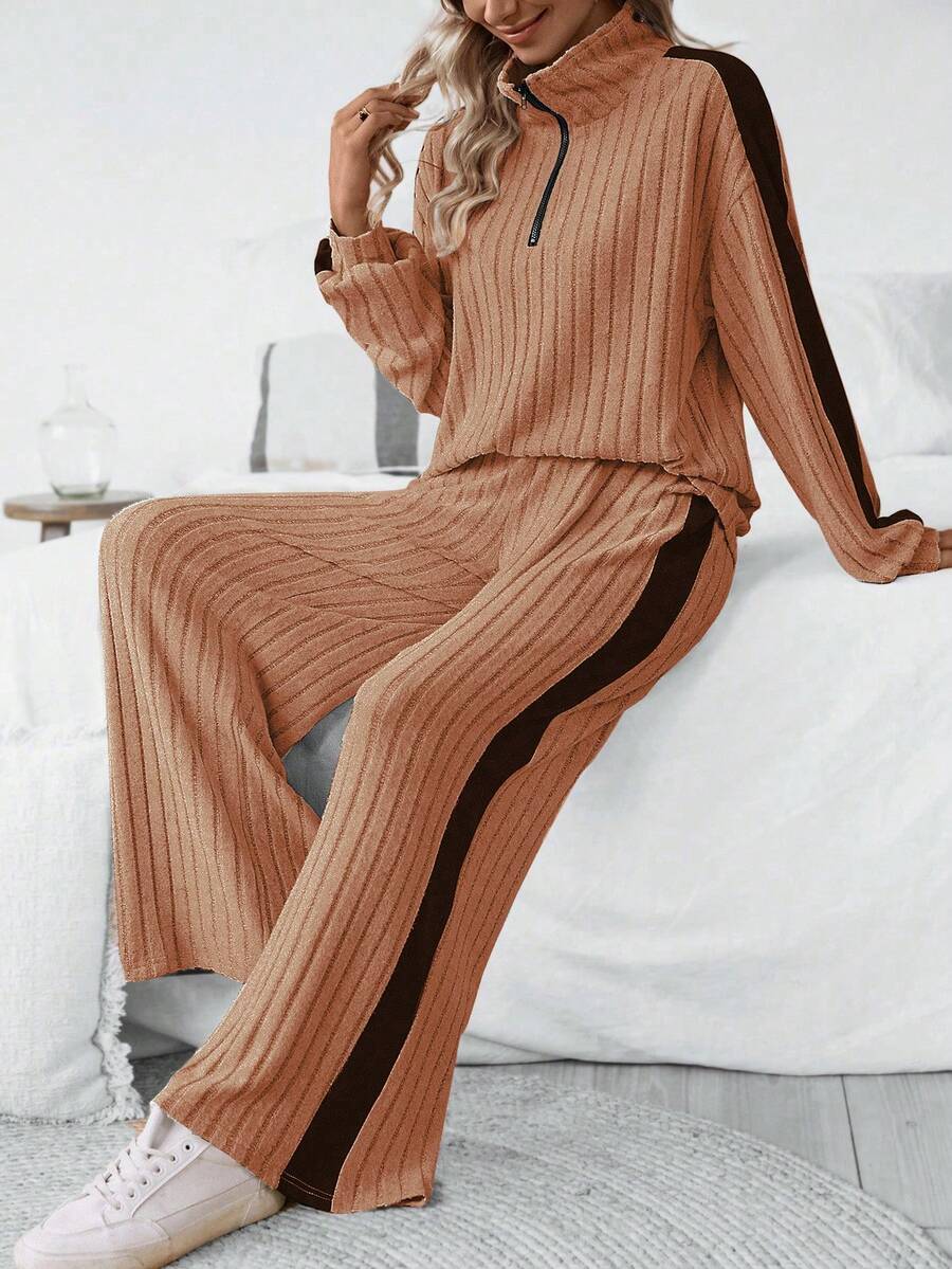 SHEIN Essnce Conjunto De Pantalones Y Top De Punto Acanalado Con Bloques De Color - Caqui - Ver 1
