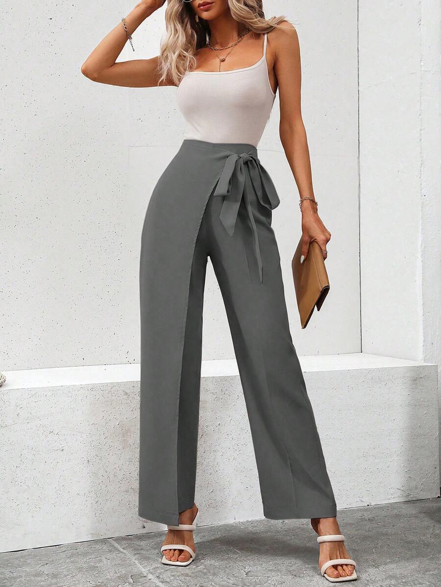 SHEIN Clasi Two Tone Knot Side Straight Leg Pants - Dark Grey - View 1