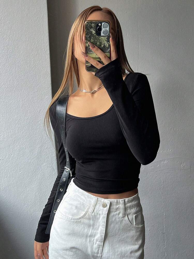Solid Color Slim Fit Long Sleeve T-Shirt,Fall Clothes