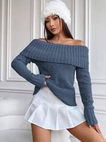 SHEIN Qutie 女士純色露肩毛衣 - 霧霾藍 - 查看 7