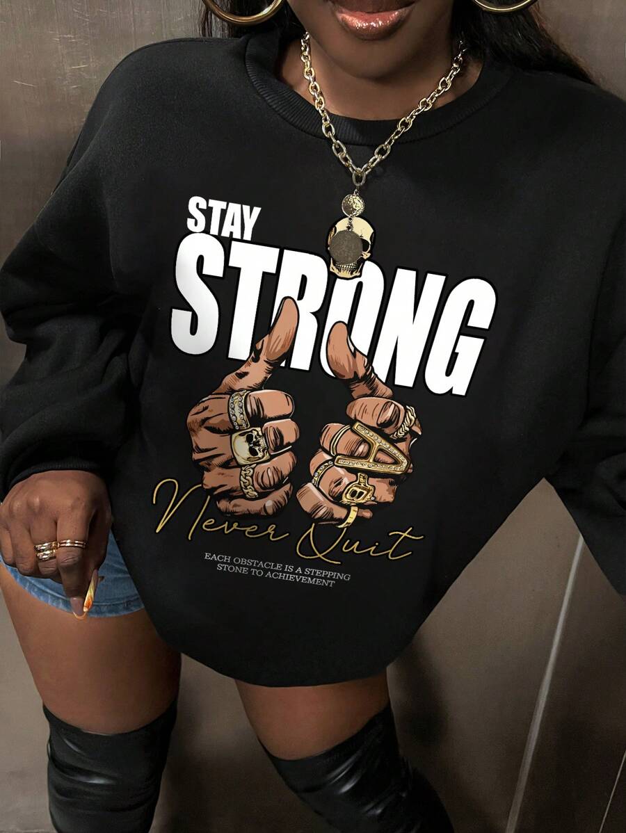 Slaydiva 休閒印花圓領女式運動衫，長袖款 - 黑色 - 查看 1