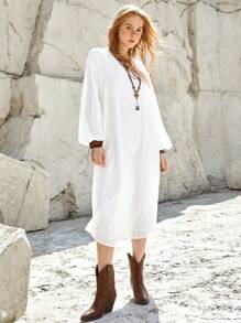 Bohemela 女士純色燈籠袖落肩裙 - 白色 - 查看 4