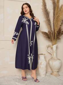 Al Najma Vestido De Manga Larga Con Estampado De Hojas De Talla Grande - Multicolor - Ver 3
