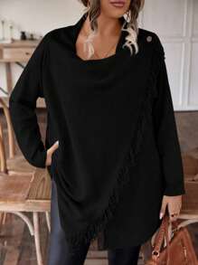 SHEIN LUNE Plus Size Tassel Fringe Trim Draped Collar Cardigan - Black - View 2