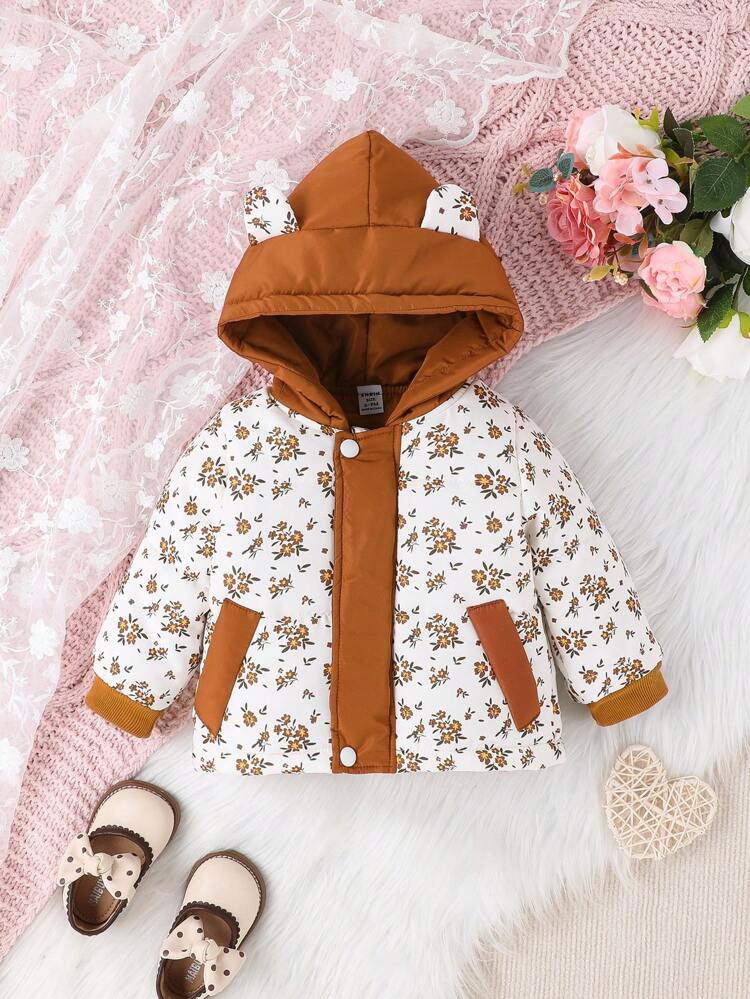 Baby Girls' Printed Floral Hoodie Jacket, Cozy And Warm For Autumn And Winter