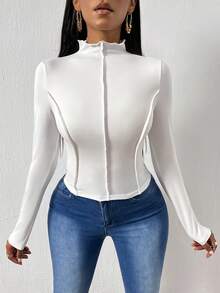 SHEIN Essnce Long Sleeve Stand Collar T-shirt - White - View 3
