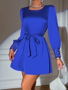 Allurite 珍珠紐帶袖口束帶連身裙 - 藍色 - 查看 3