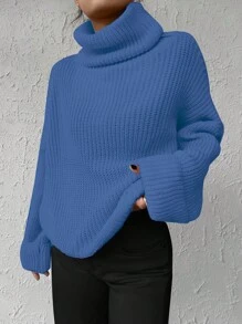 EURMUSE Solid Color Turtleneck Batwing Sleeve Sweater - Blue - View 4