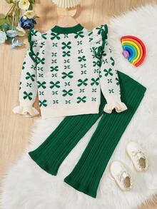 SHEIN 小女孩蝴蝶結提花荷葉邊毛衣和褲子套裝 - 軍綠色 - 查看 2