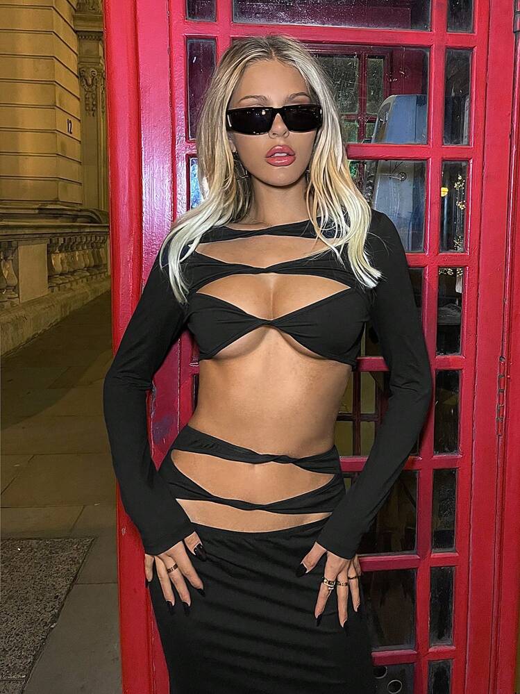 SHEIN ICON Women's Diamond Cutout Top With Tight Skirt Two-piece Set - Black - View 5