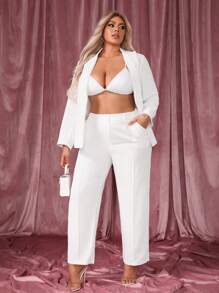 SHEIN SXY 大尺碼女式西裝褲,有口袋設計 - 白色 - 查看 3