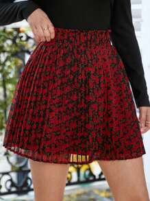 SHEIN Frenchy 花朵雪紡百褶裙-玫瑰印花,情人節裙子 - 彩色 - 查看 3