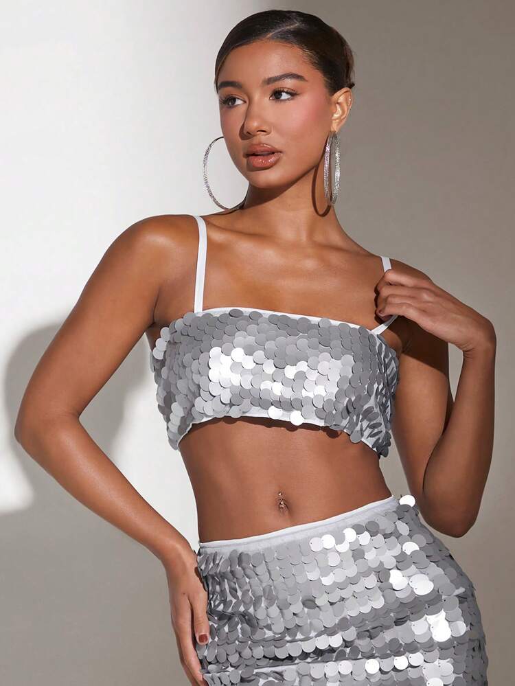 Cropped Glittery Spaghetti Strap Tank Top
