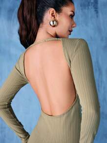 SHEIN BAE Women'S Ribbed Tank Style Bodycon Dress With Deep V-Back And Long Sleeves - Green - View 6