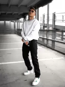 Men Striped Trim Drop Shoulder Sweatshirt - White - View 5