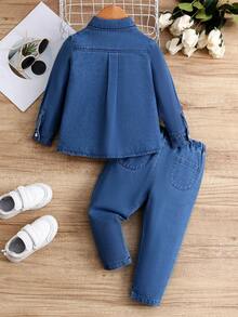 嬰兒男孩基本休閒牛仔襯衫套裝,帶有大口袋 - 中等水洗藍 - 查看 2