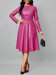 SHEIN Lady Round Neck Long Sleeve Belted Dress - Hot Pink - View 3