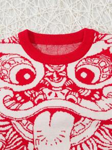 男童舞獅圖案長袖毛衣 - 紅色 - 查看 3