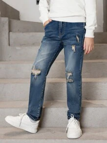 Chico preadolescente Jeans desgarro con lavado - Azul lavado medio - Ver 3