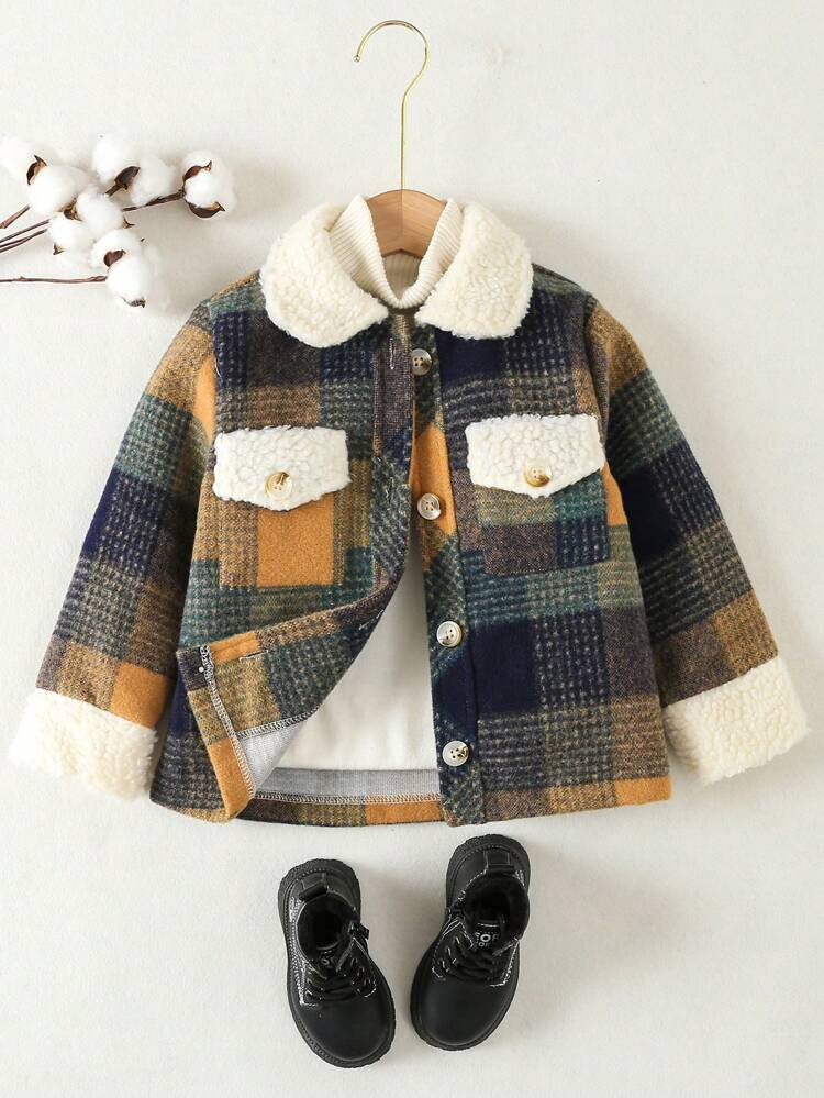 Young Girl 1pc Plaid Print Borg Collar Flap Pocket Coat