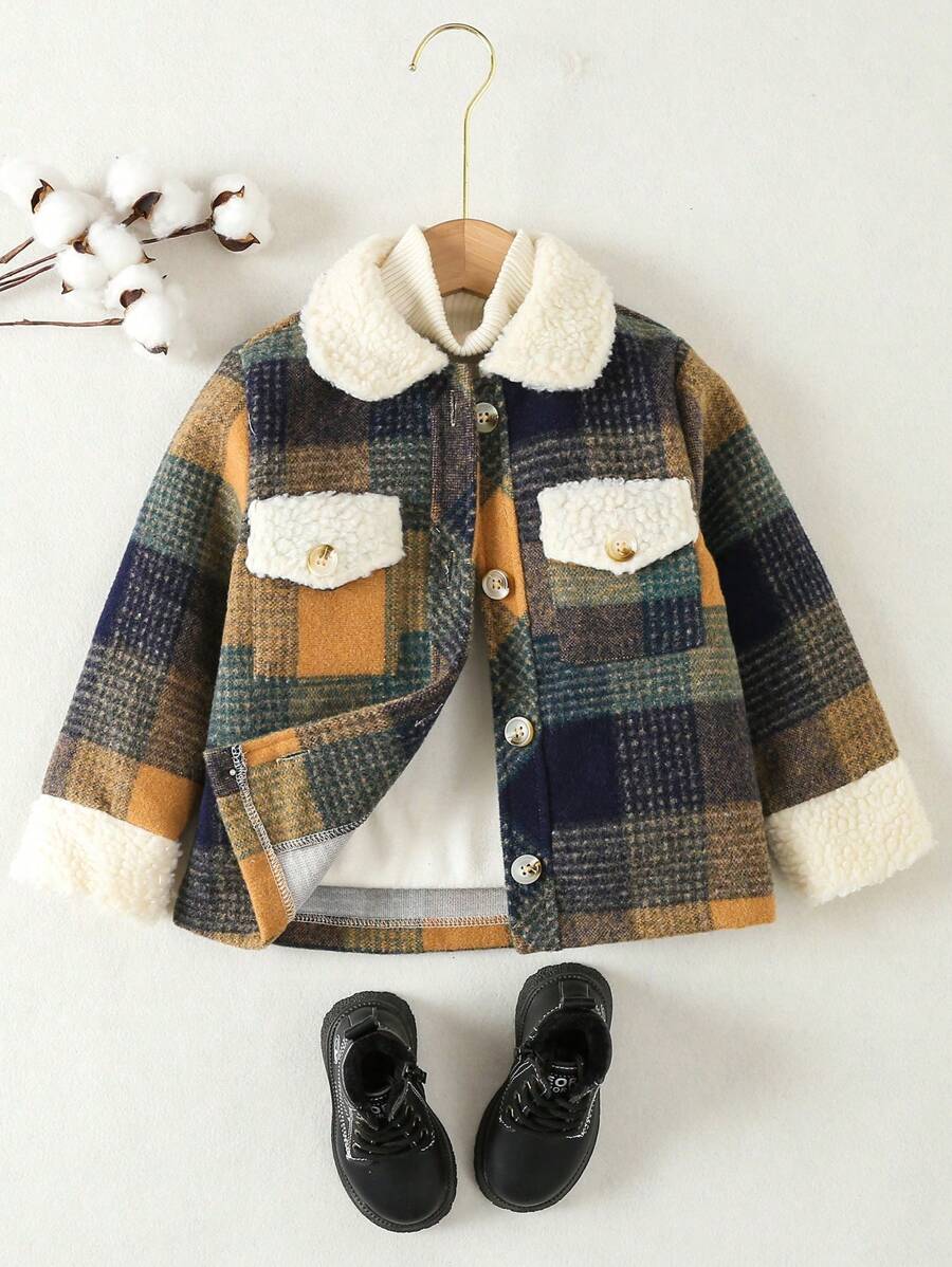 SHEIN 女孩子1入格紋印花貝殼絨領子翻蓋口袋外套