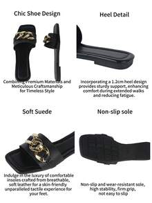 女式平底拖鞋,方頭設計,輕盈和裝飾扣環,簡單套脫式風格,夏季舒適休閒鞋,大碼 - 黑色 - 查看 4