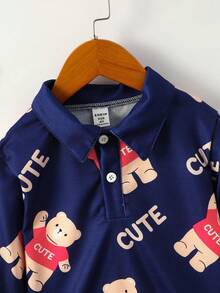 SHEIN 男孩可愛小熊印花 Polo 領運動衫和褲子套裝 - 藏蓝色 - 查看 6