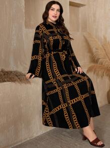 Mulvari Plus Size Chain Pattern Long Sleeve Buttoned Dress Maxi Women Outfit