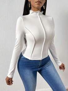 SHEIN Essnce Long Sleeve Stand Collar T-shirt - White - View 1