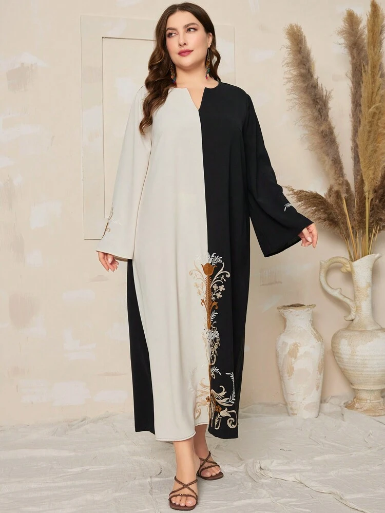 Plus Size Colorblocking Notched Neck Long Sleeve Dress