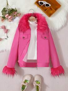 SHEIN Tween Girls Collar Jacket With Mock Pockets - Pink - View 1