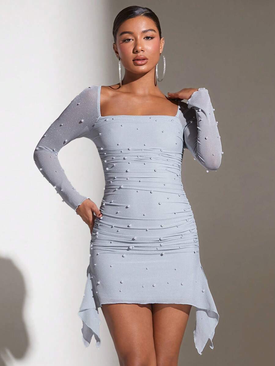 SHEIN BAE 荷葉邊珍珠綴飾前紐扣連身裙 - 淺藍色 - 查看 1