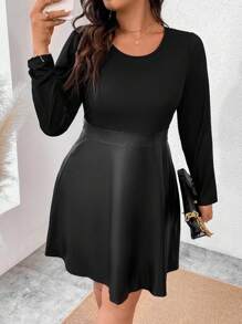 Calvaya Plus Size Splicing Pu Leather Dress Without Belt - Black - View 4