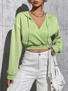 SHEIN Unity 女裝純色下垂肩連帽衫,帶束繩 - 薄荷綠 - 查看 3