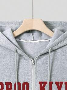 SHEIN EZwear Letter Printed Kangaroo Pocket Zipper Hoodie And Sweatpants Set - Light Grey - View 7
